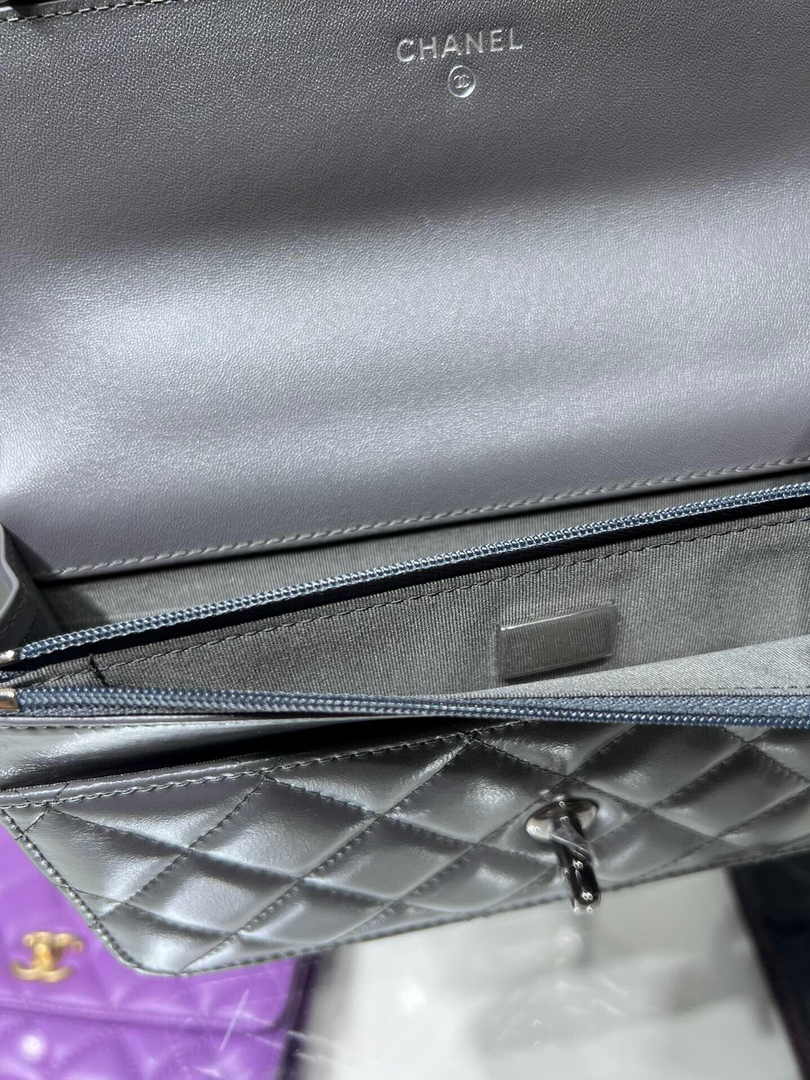 Chanel AP3645 Wallet on chain Shiny Crumpled Calfskin Strass Metal Gray