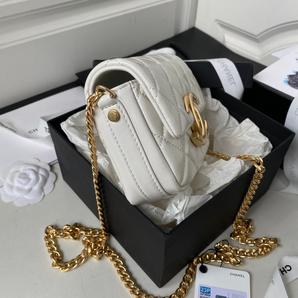 Chanel AP3854 Small Flap Phone Holder with Chain Lambskin White