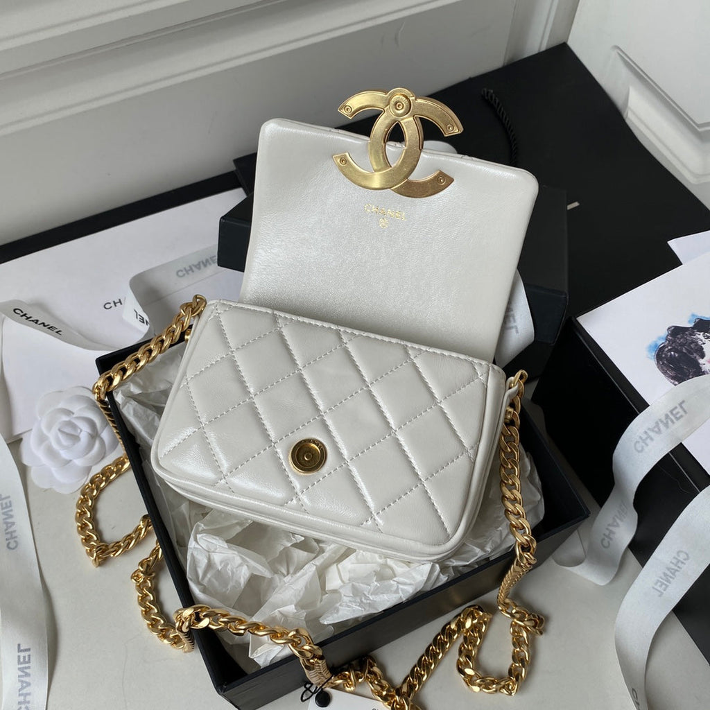 Chanel AP3854 Small Flap Phone Holder with Chain Lambskin White