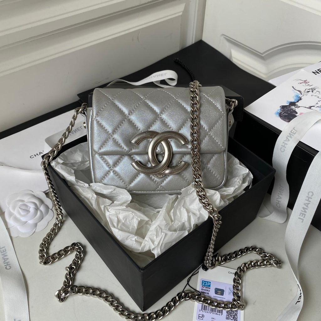 Chanel AP3854 Small Flap Phone Holder with Chain Lambskin Silver
