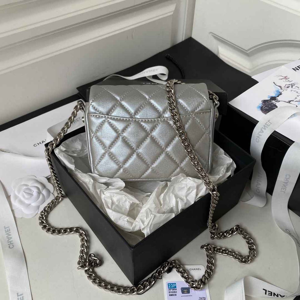 Chanel AP3854 Small Flap Phone Holder with Chain Lambskin Silver