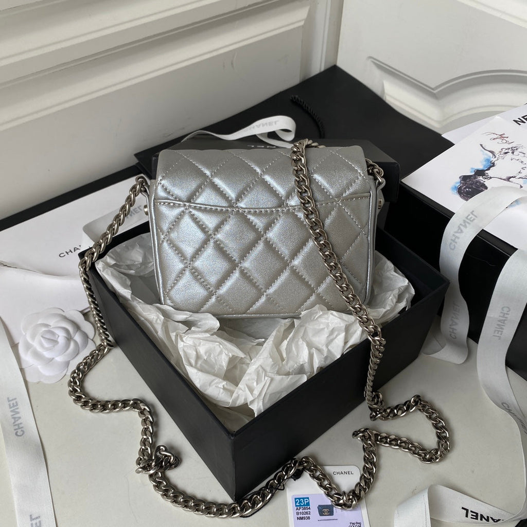 Chanel AP3854 Small Flap Phone Holder with Chain Lambskin Silver