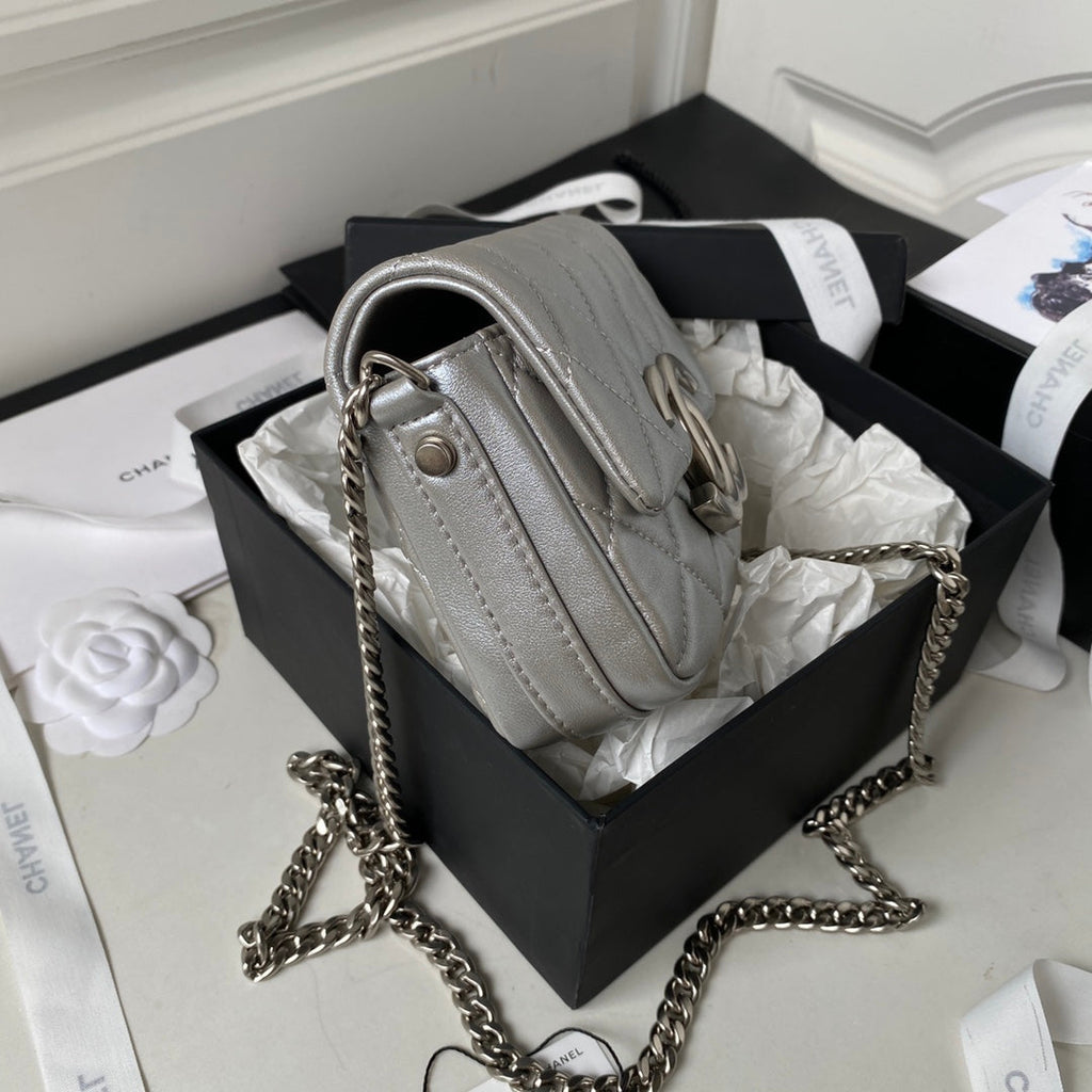 Chanel AP3854 Small Flap Phone Holder with Chain Lambskin Silver