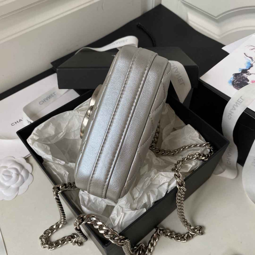 Chanel AP3854 Small Flap Phone Holder with Chain Lambskin Silver