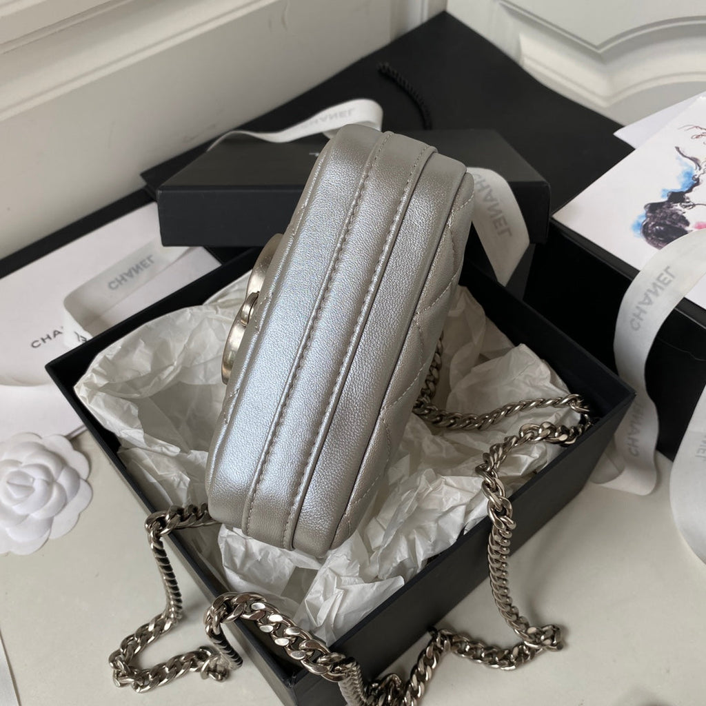 Chanel AP3854 Small Flap Phone Holder with Chain Lambskin Silver