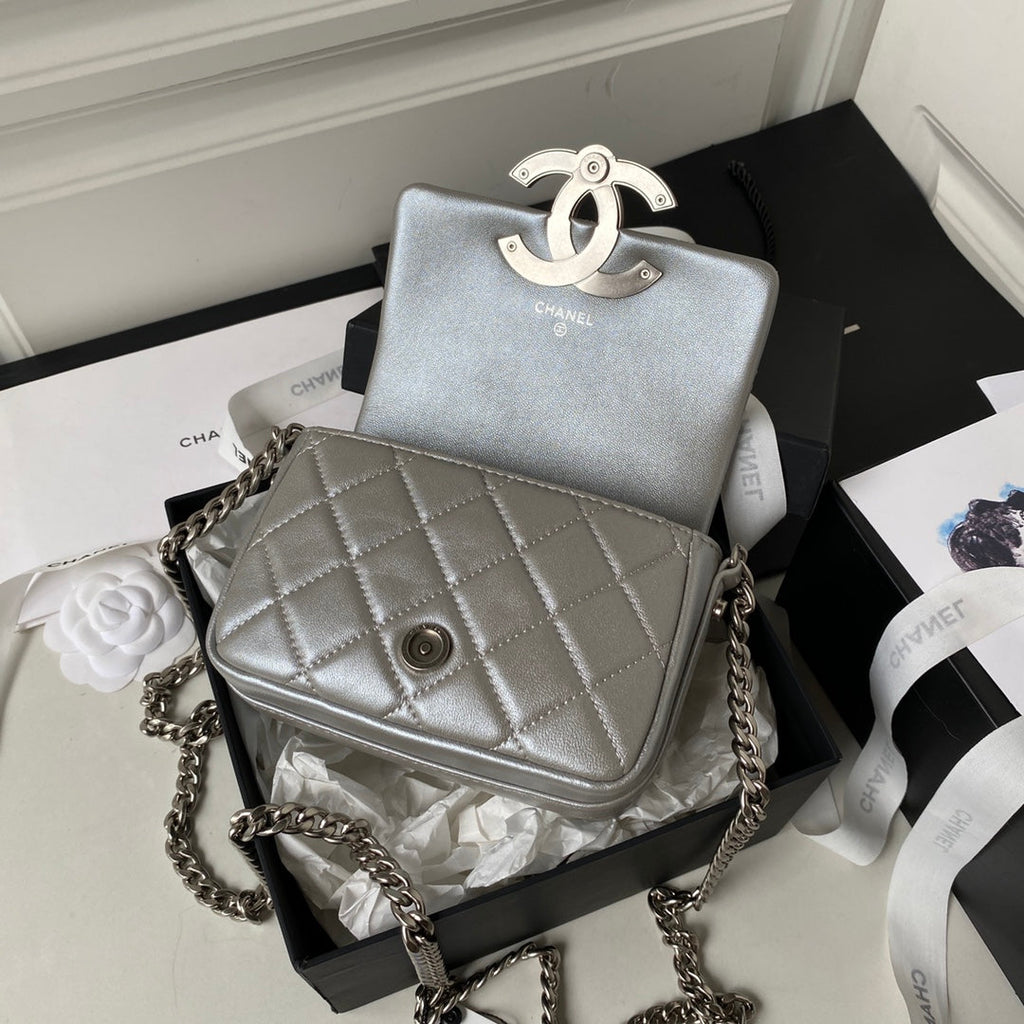 Chanel AP3854 Small Flap Phone Holder with Chain Lambskin Silver