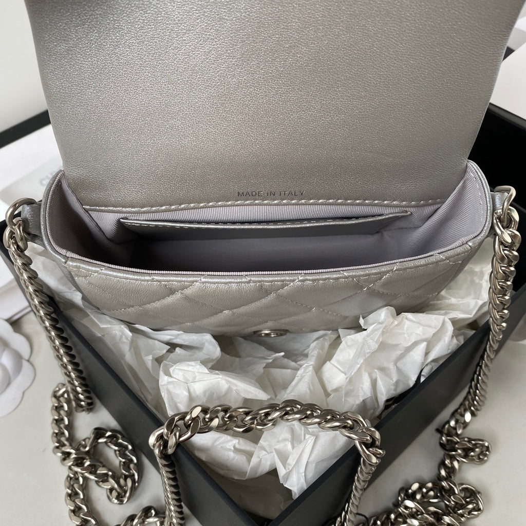 Chanel AP3854 Small Flap Phone Holder with Chain Lambskin Silver
