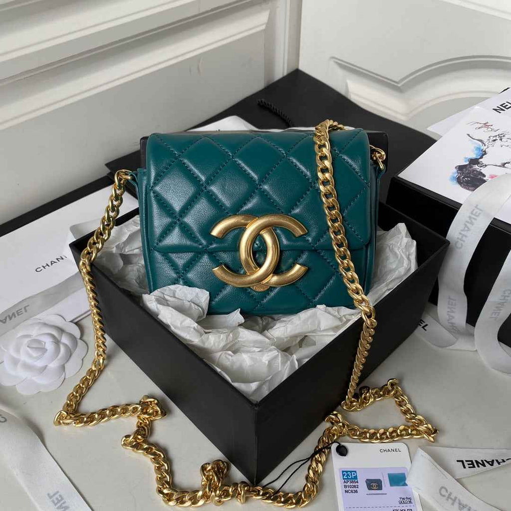 Chanel AP3854 Small Flap Phone Holder with Chain Lambskin Green