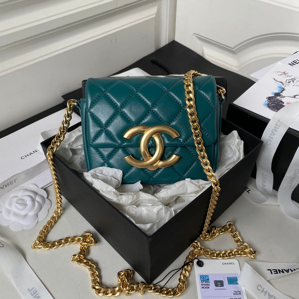 Chanel AP3854 Small Flap Phone Holder with Chain Lambskin Green