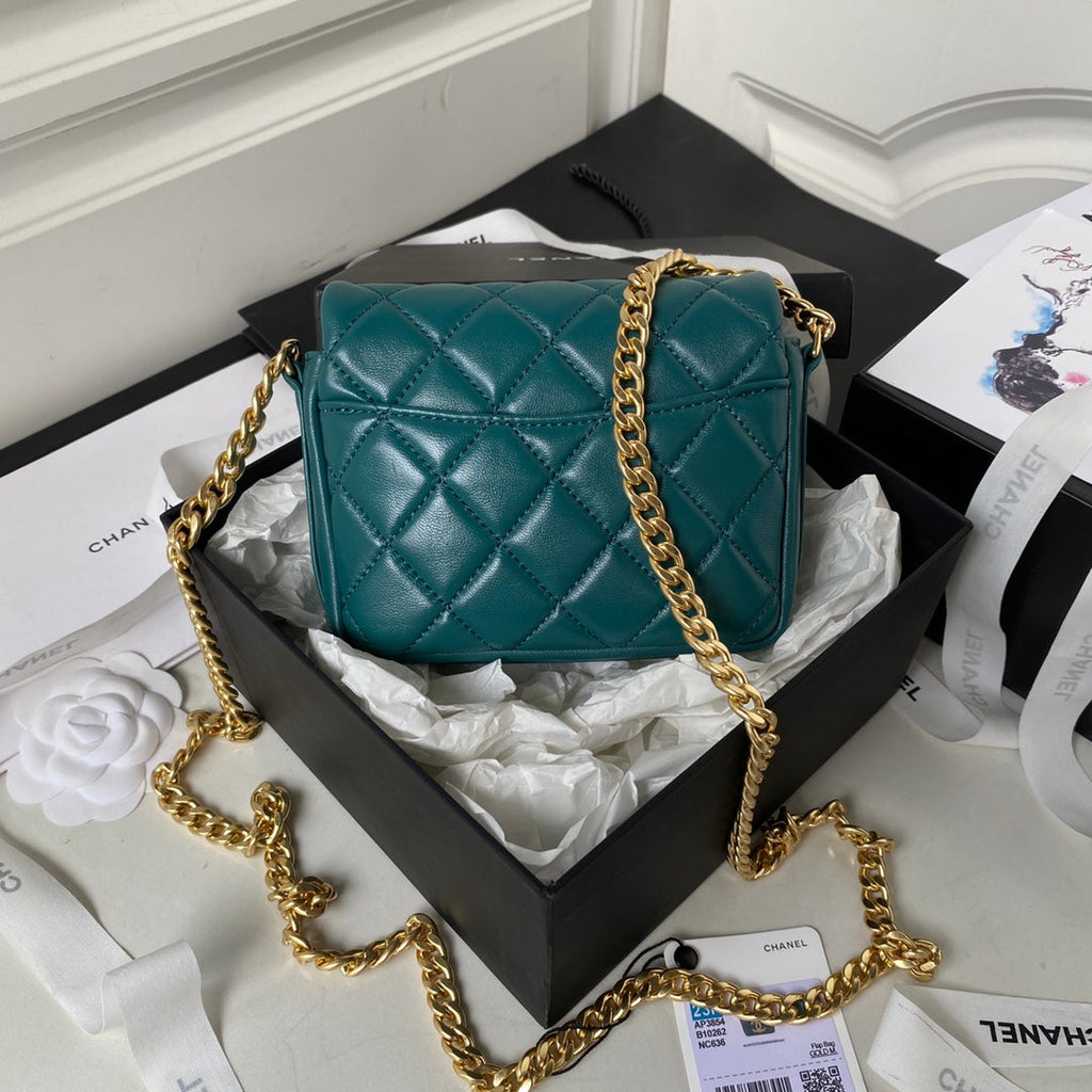 Chanel AP3854 Small Flap Phone Holder with Chain Lambskin Green
