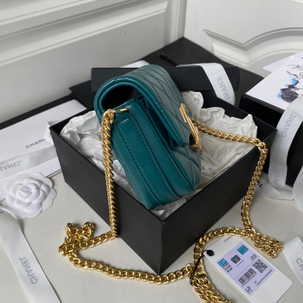 Chanel AP3854 Small Flap Phone Holder with Chain Lambskin Green