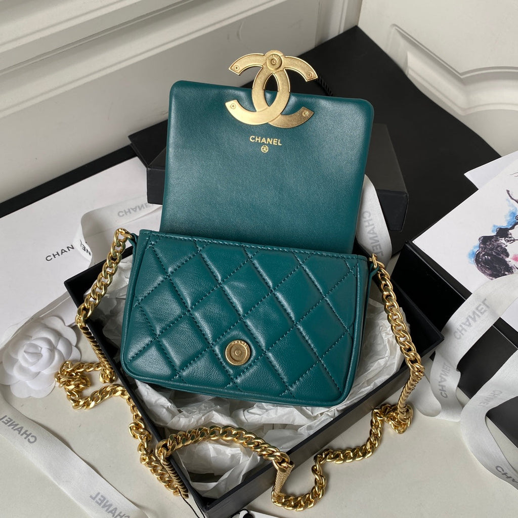 Chanel AP3854 Small Flap Phone Holder with Chain Lambskin Green