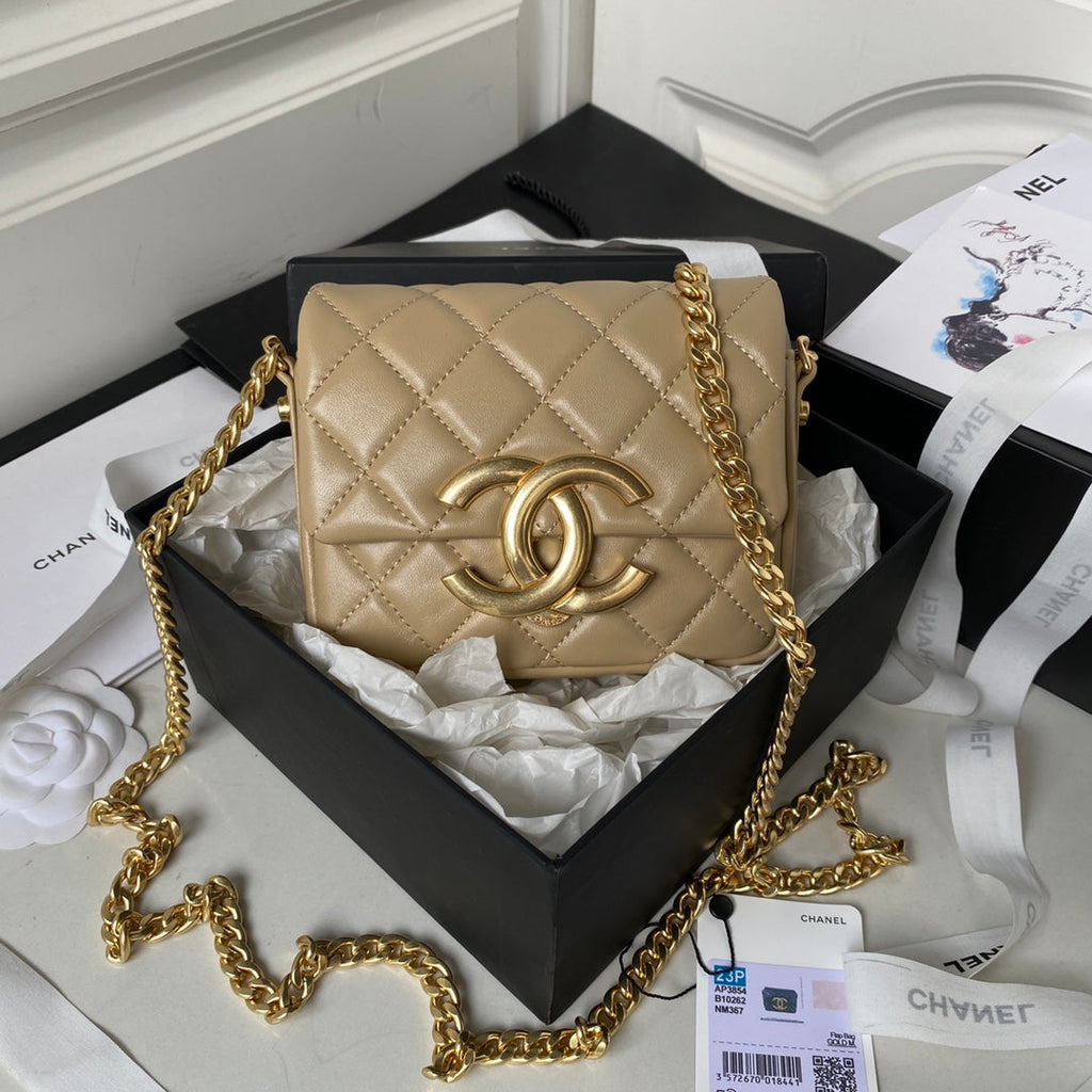 Chanel AP3854 Small Flap Phone Holder with Chain Lambskin Apricot