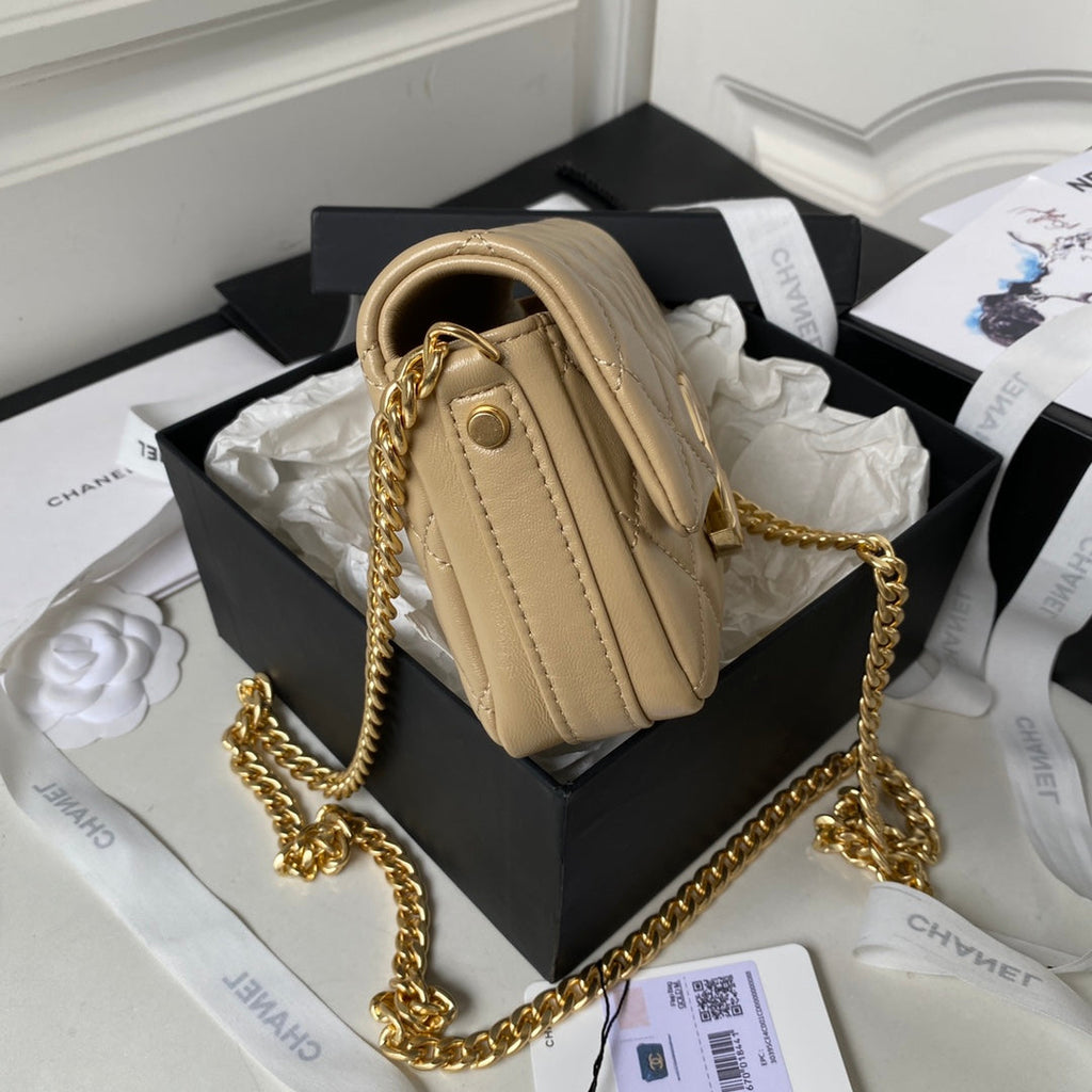 Chanel AP3854 Small Flap Phone Holder with Chain Lambskin Apricot