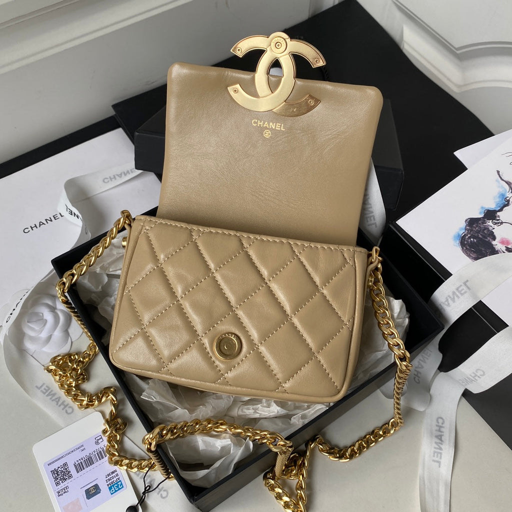 Chanel AP3854 Small Flap Phone Holder with Chain Lambskin Apricot