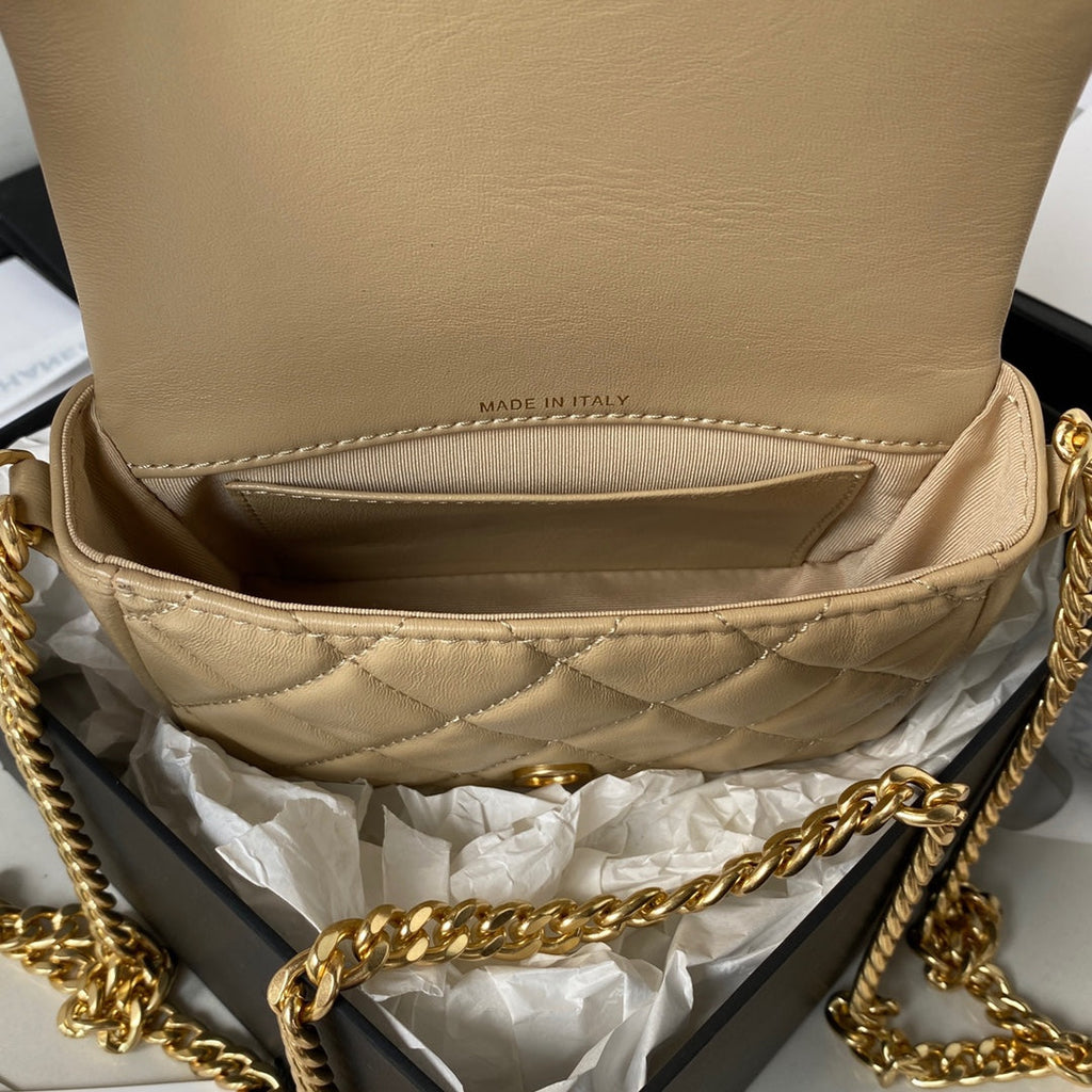 Chanel AP3854 Small Flap Phone Holder with Chain Lambskin Apricot