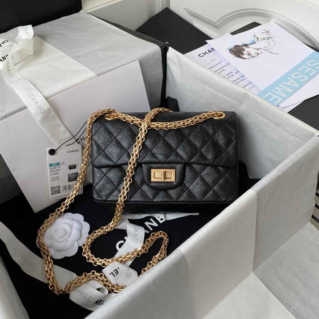 Chanel AS0874 Mini 2.55 Handbag Aged Calfskin Gold-Tone Metal Black