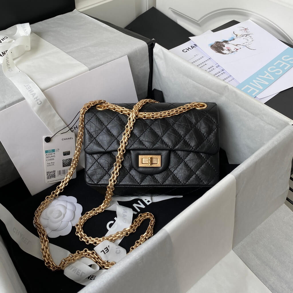 Chanel AS0874 Mini 2.55 Handbag Aged Calfskin Gold-Tone Metal Black