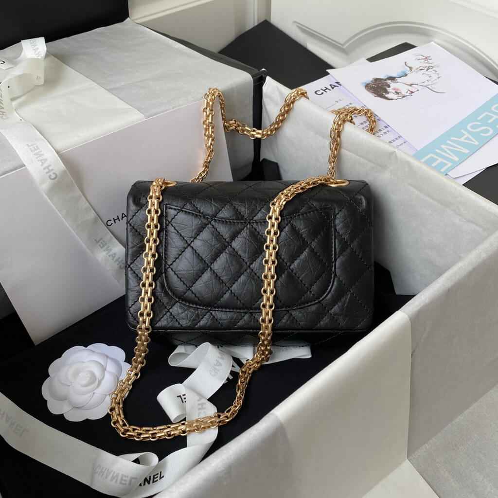 Chanel AS0874 Mini 2.55 Handbag Aged Calfskin Gold-Tone Metal Black