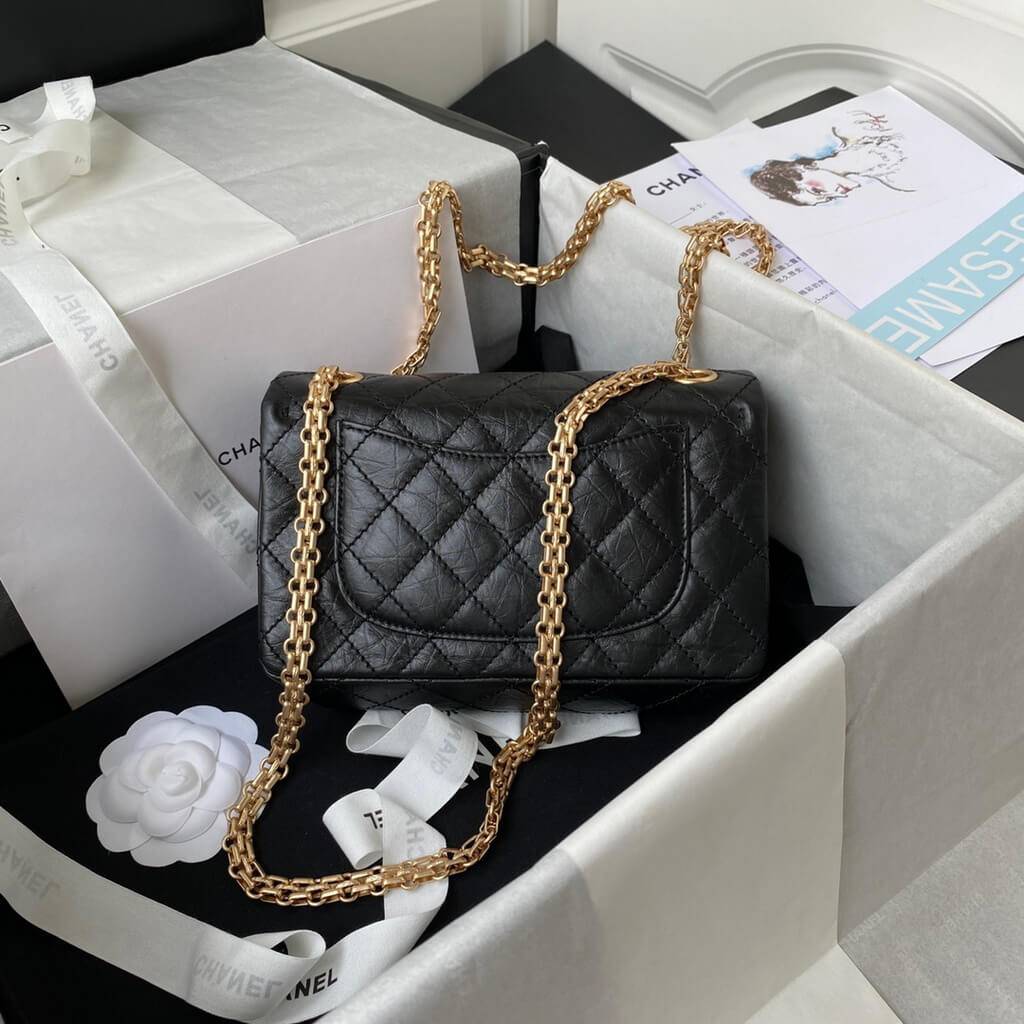 Chanel AS0874 Mini 2.55 Handbag Aged Calfskin Gold-Tone Metal Black