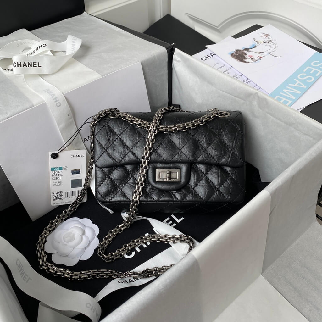 Chanel AS0874 Mini 2.55 Handbag Aged Calfskin Silver-Tone Metal Black