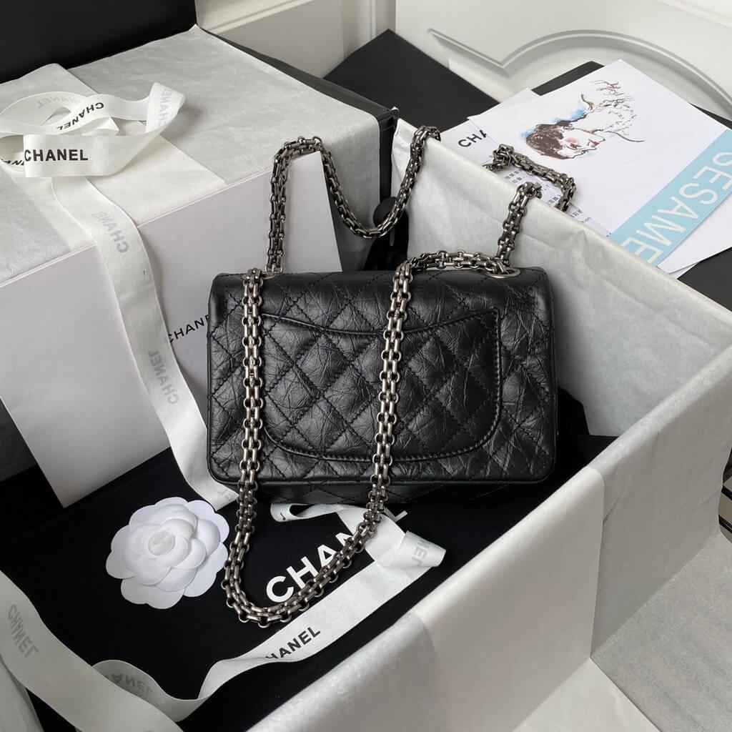 Chanel AS0874 Mini 2.55 Handbag Aged Calfskin Silver-Tone Metal Black