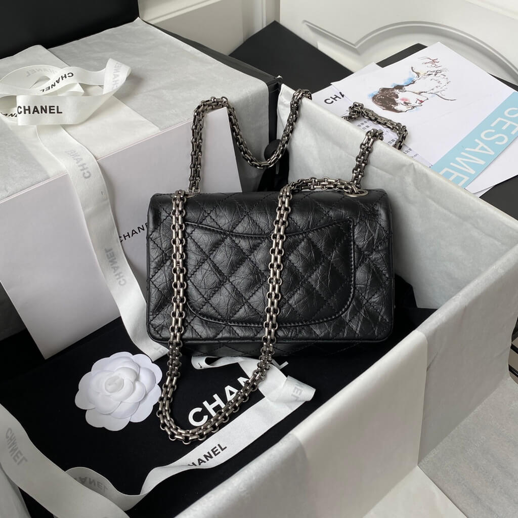 Chanel AS0874 Mini 2.55 Handbag Aged Calfskin Silver-Tone Metal Black