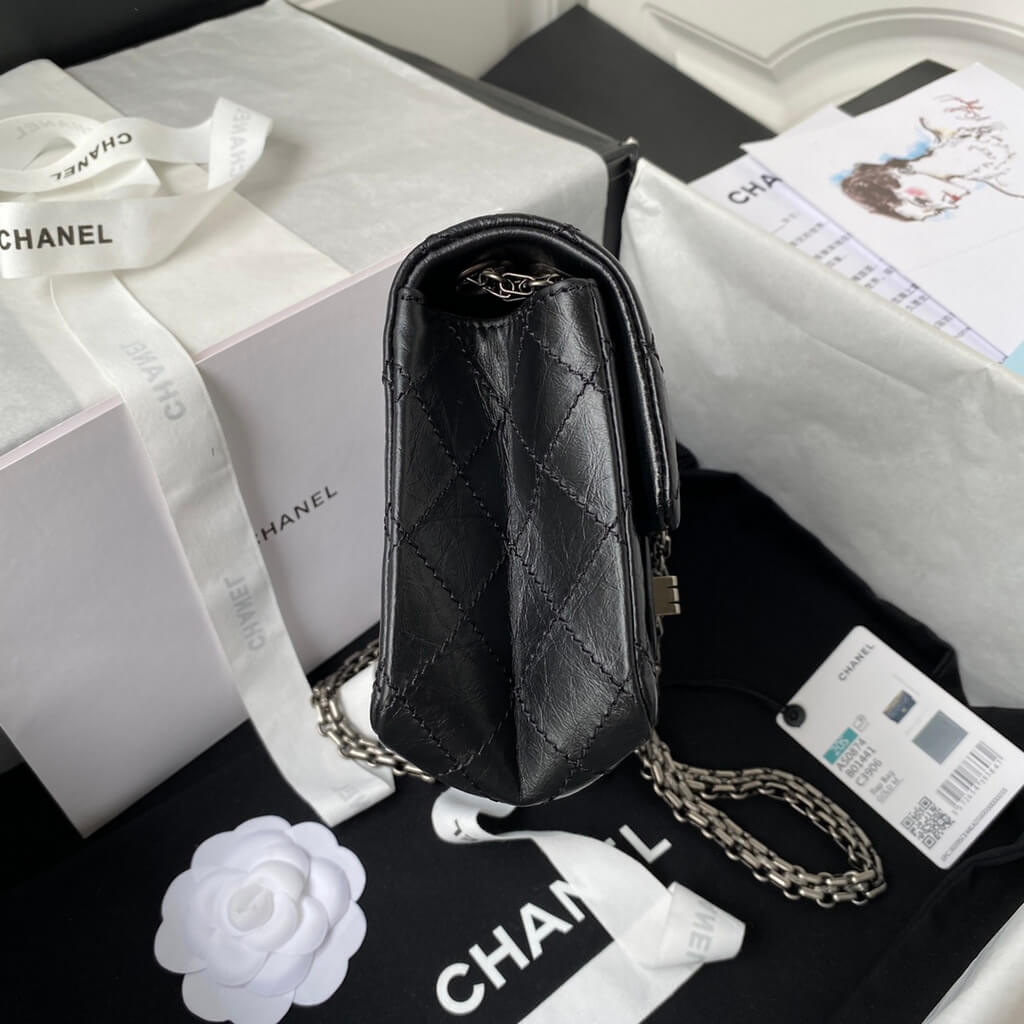 Chanel AS0874 Mini 2.55 Handbag Aged Calfskin Silver-Tone Metal Black