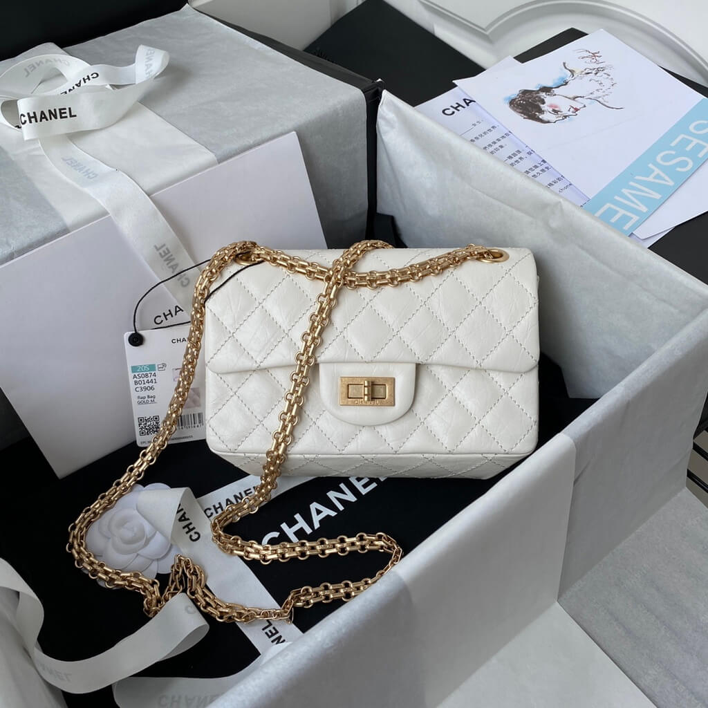 Chanel AS0874 Mini 2.55 Handbag Aged Calfskin Gold-Tone Metal White