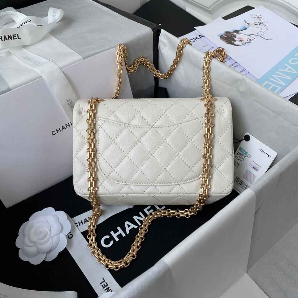 Chanel AS0874 Mini 2.55 Handbag Aged Calfskin Gold-Tone Metal White