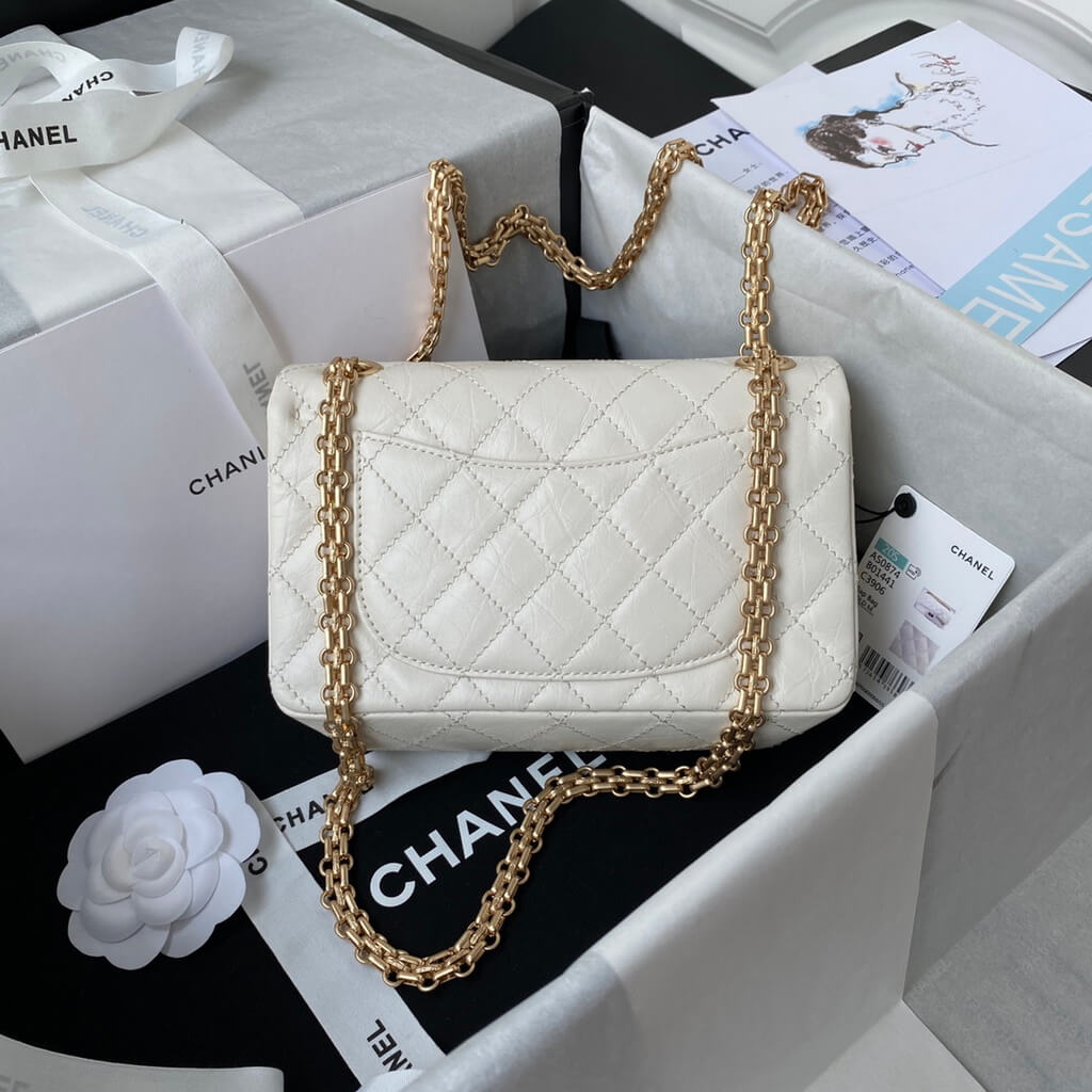 Chanel AS0874 Mini 2.55 Handbag Aged Calfskin Gold-Tone Metal White