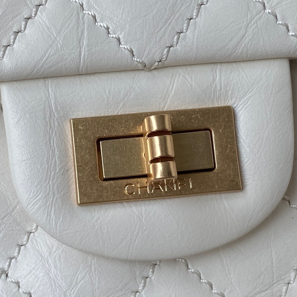 Chanel AS0874 Mini 2.55 Handbag Aged Calfskin Gold-Tone Metal White