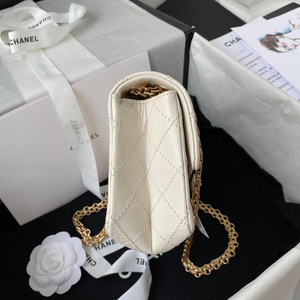 Chanel AS0874 Mini 2.55 Handbag Aged Calfskin Gold-Tone Metal White