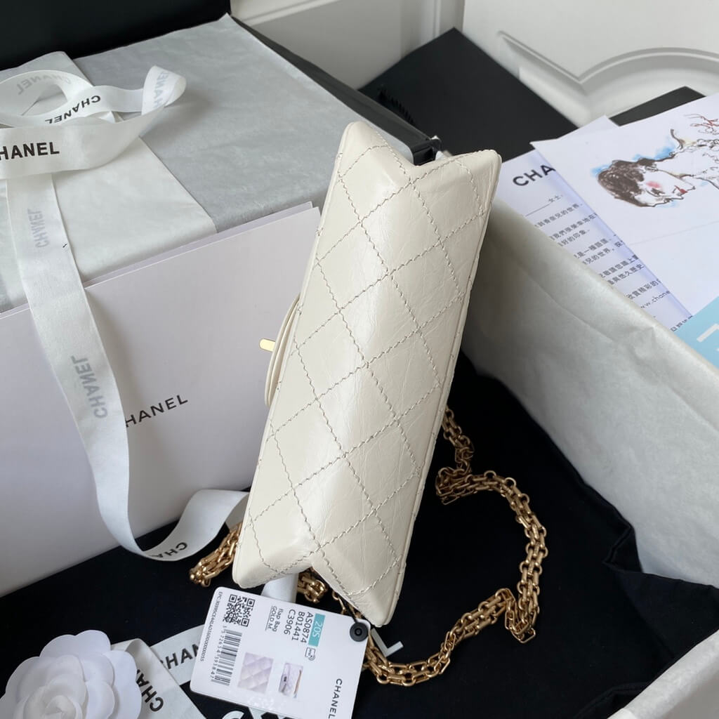 Chanel AS0874 Mini 2.55 Handbag Aged Calfskin Gold-Tone Metal White