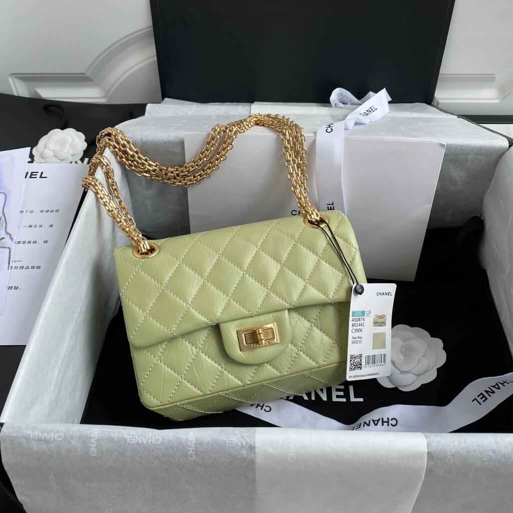 Chanel AS0874 Mini 2.55 Handbag Aged Calfskin Gold-Tone Metal Light Green