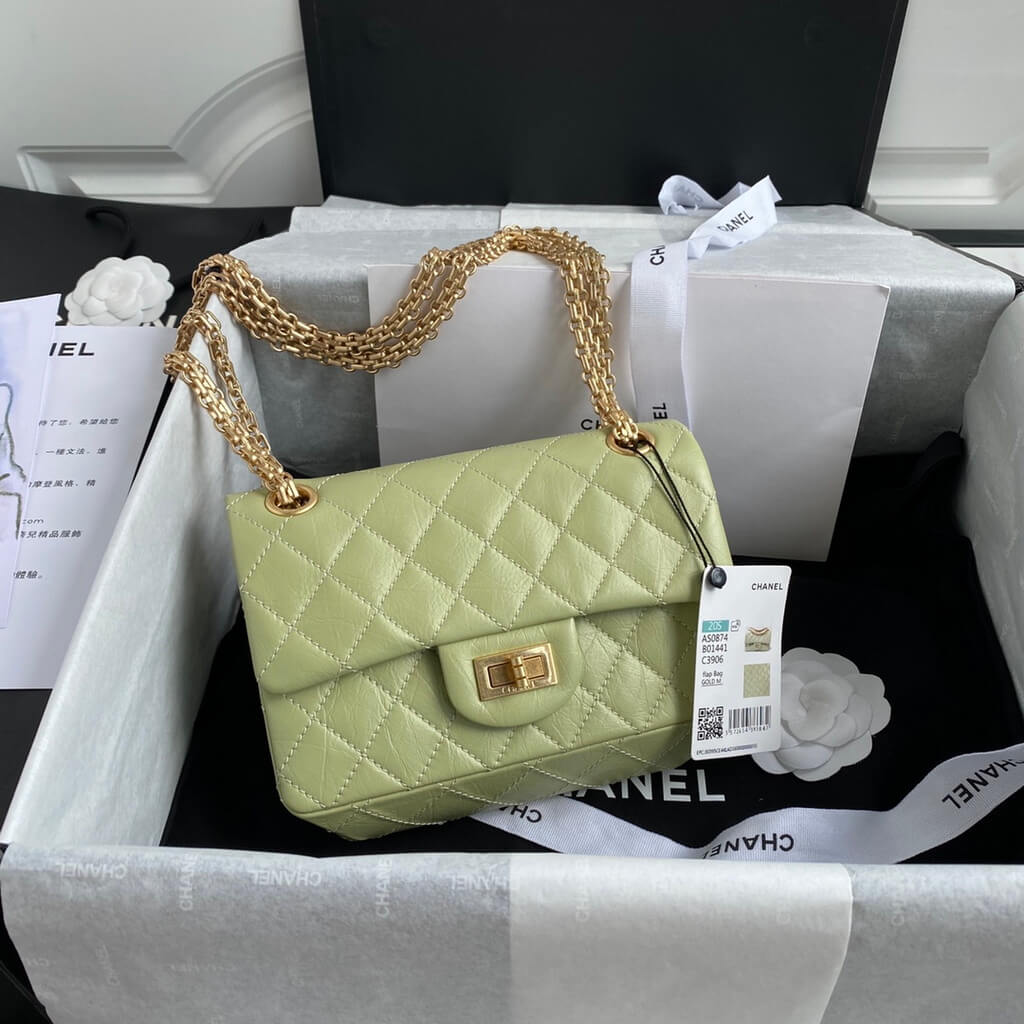 Chanel AS0874 Mini 2.55 Handbag Aged Calfskin Gold-Tone Metal Light Green