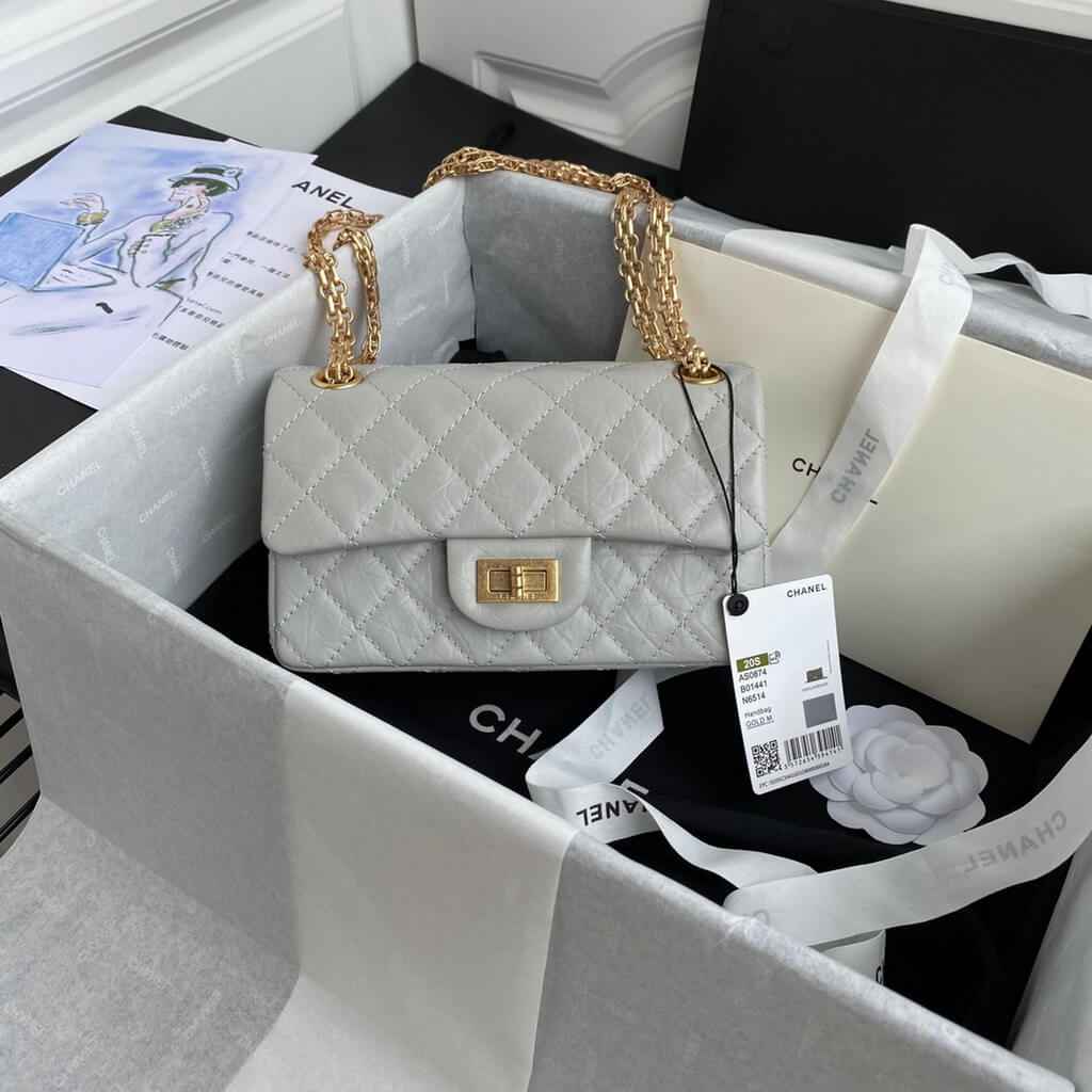 Chanel AS0874 Mini 2.55 Handbag Aged Calfskin Gold-Tone Metal Gray