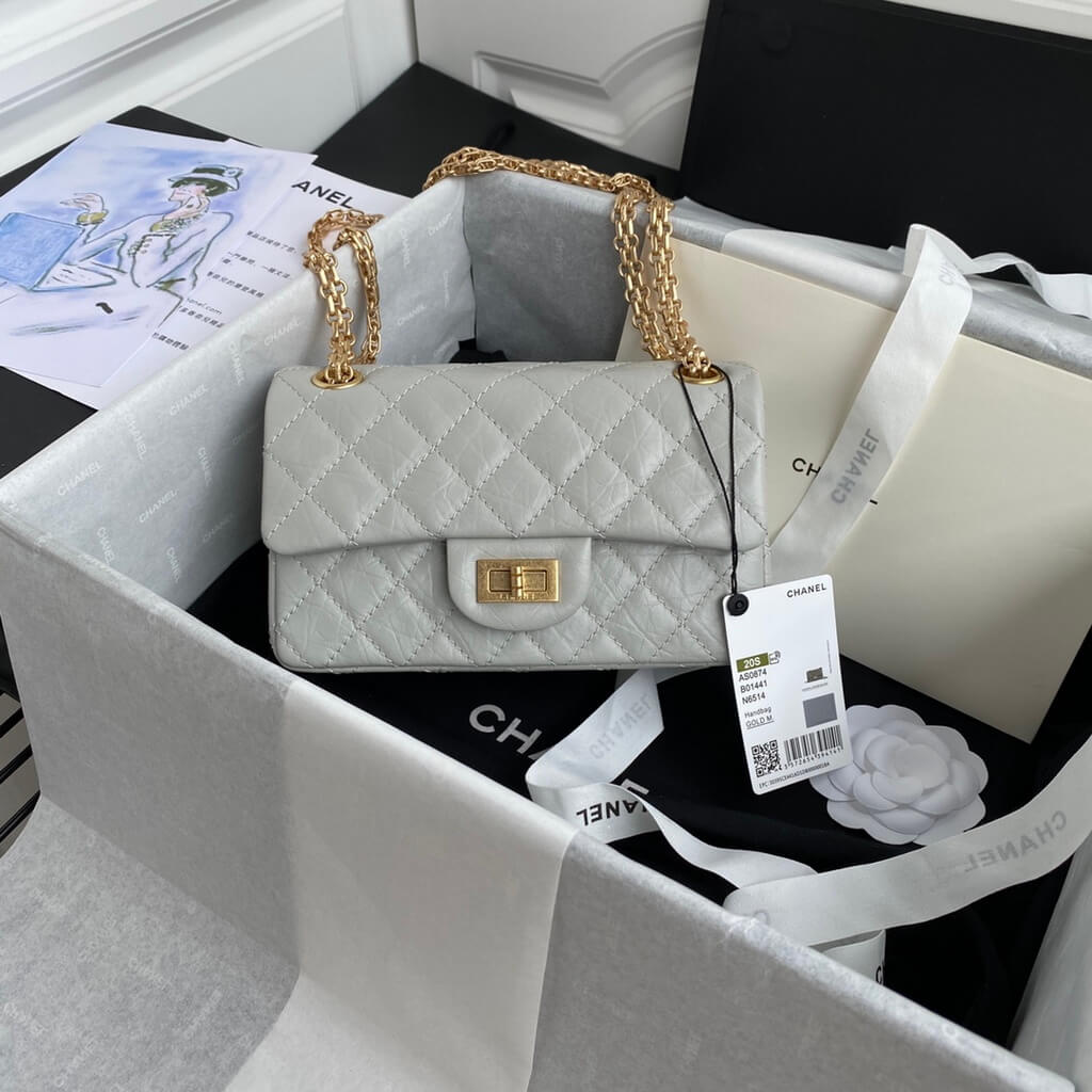 Chanel AS0874 Mini 2.55 Handbag Aged Calfskin Gold-Tone Metal Gray