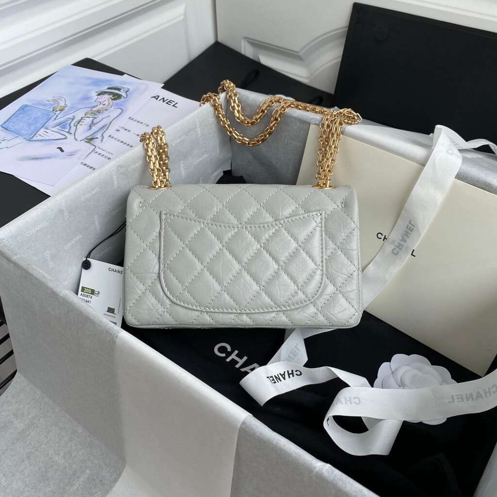 Chanel AS0874 Mini 2.55 Handbag Aged Calfskin Gold-Tone Metal Gray
