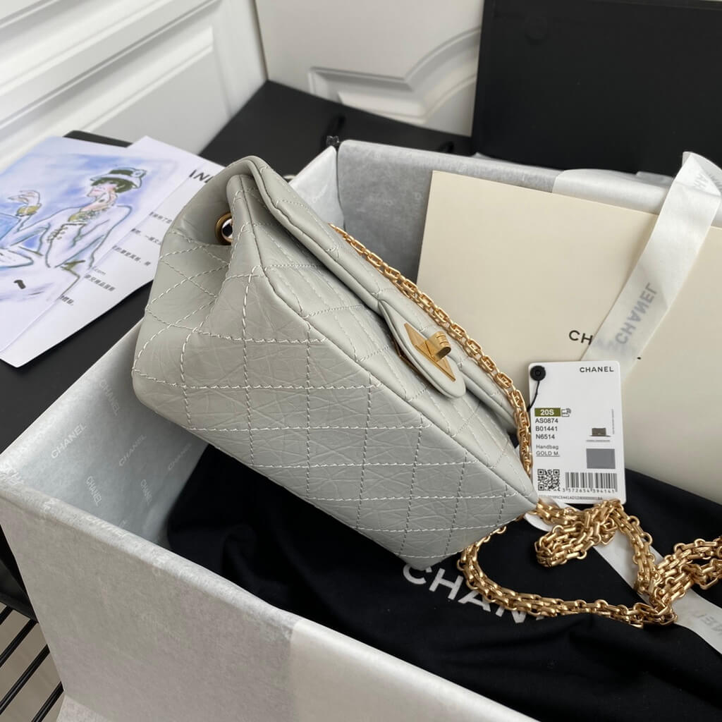 Chanel AS0874 Mini 2.55 Handbag Aged Calfskin Gold-Tone Metal Gray
