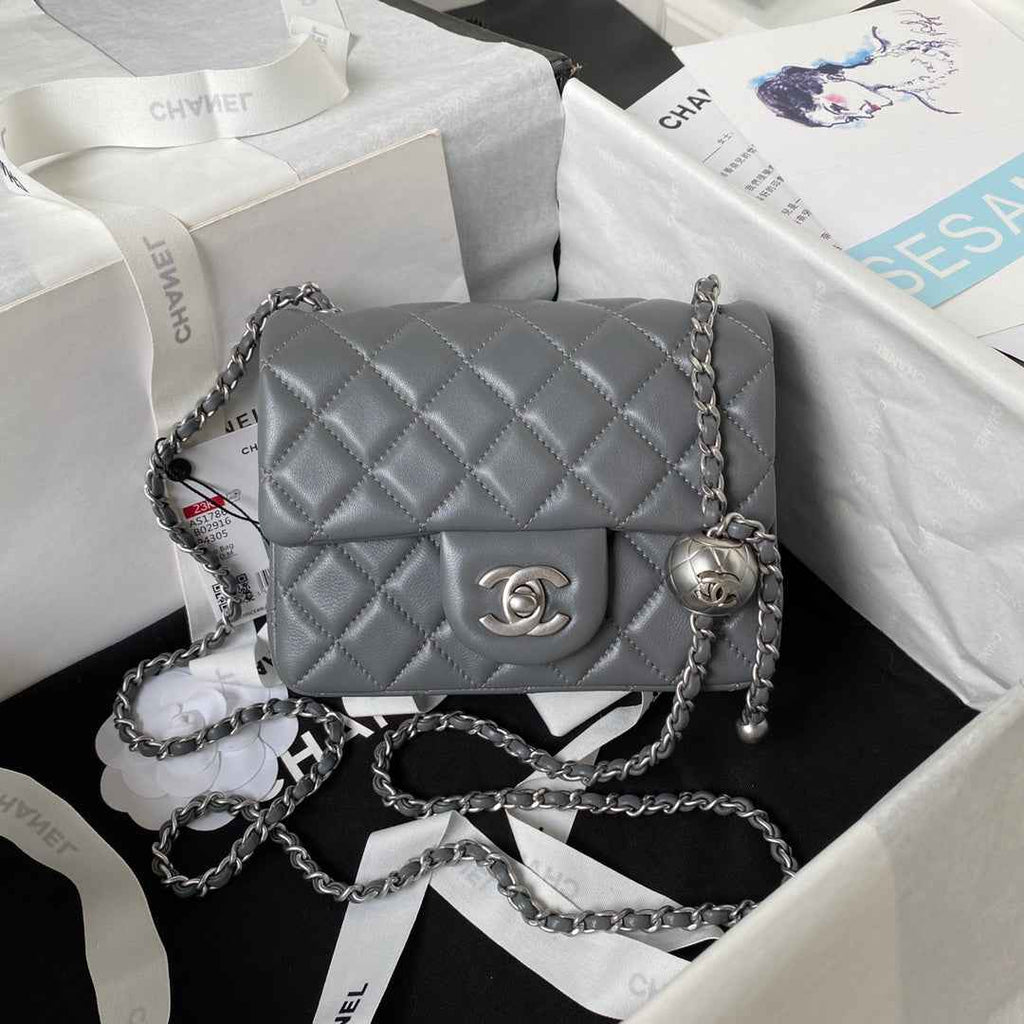 Chanel AS1786 23S Mini Flap Bag Silver Metal Lambskin Dark Gray