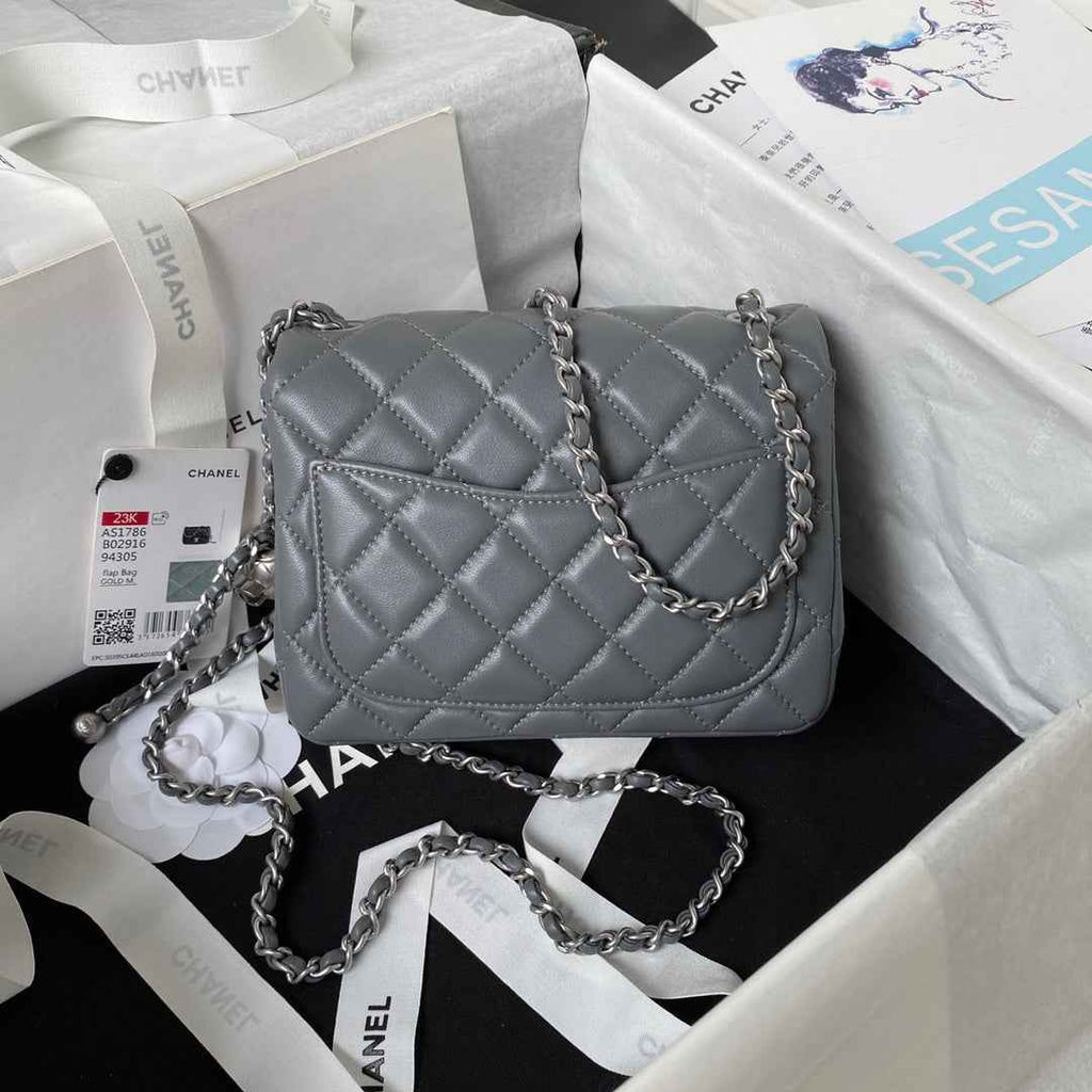 Chanel AS1786 23S Mini Flap Bag Silver Metal Lambskin Dark Gray