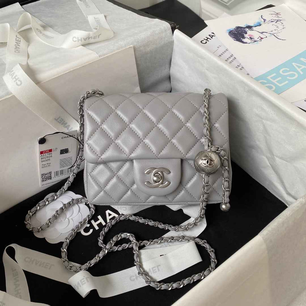 Chanel AS1786 23S Mini Flap Bag Silver Metal Lambskin Gray