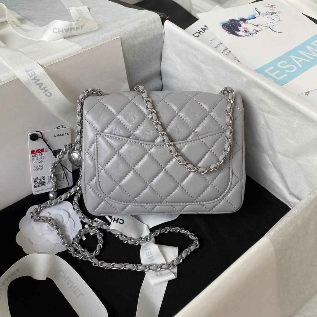 Chanel AS1786 23S Mini Flap Bag Silver Metal Lambskin Gray