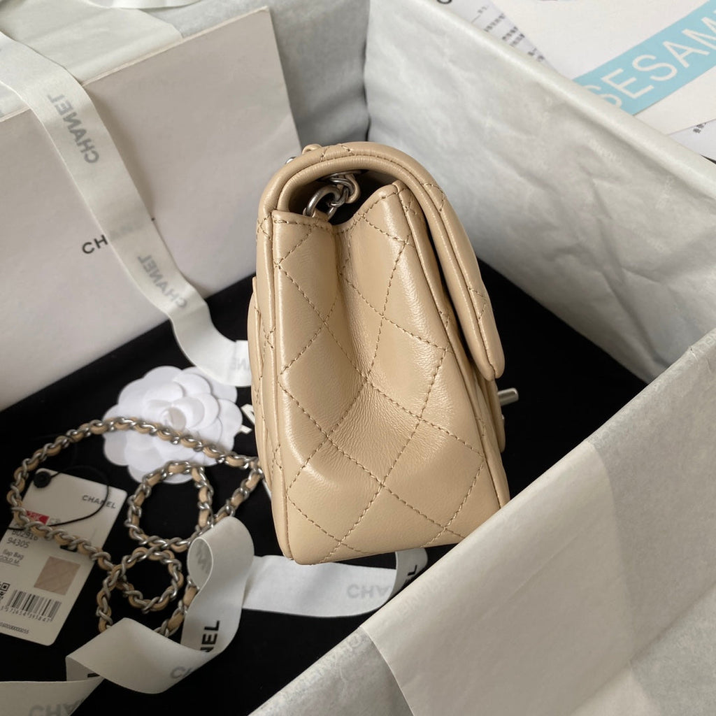 Chanel AS1786 23S Mini Flap Bag Silver Metal Lambskin Apricot