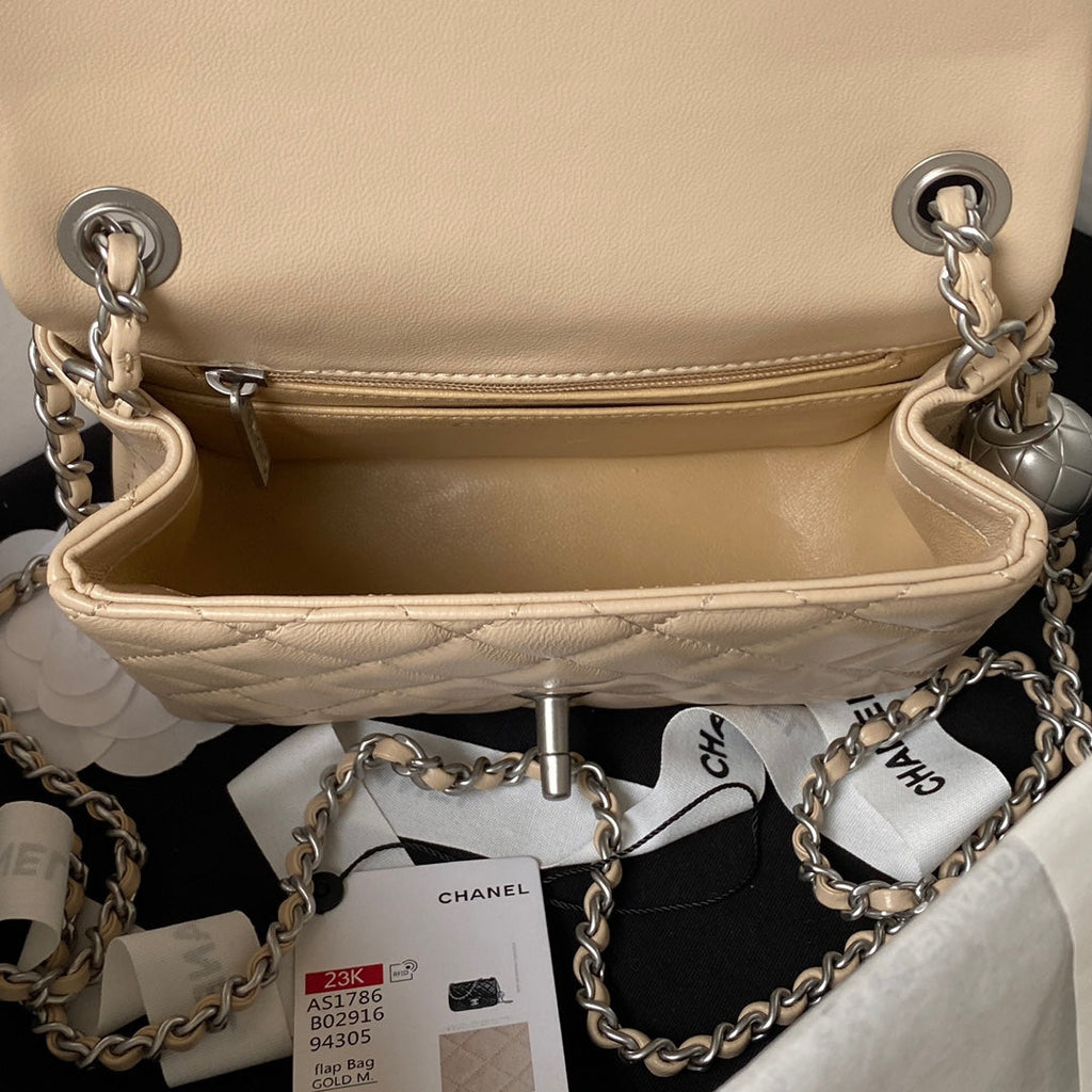 Chanel AS1786 23S Mini Flap Bag Silver Metal Lambskin Apricot