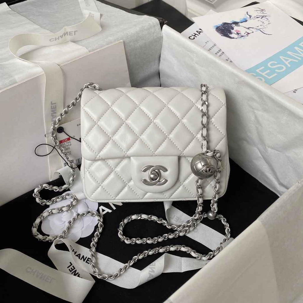 Chanel AS1786 23S Mini Flap Bag Silver Metal Lambskin White