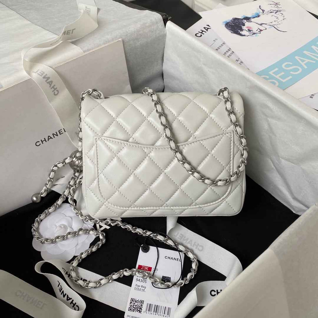 Chanel AS1786 23S Mini Flap Bag Silver Metal Lambskin White