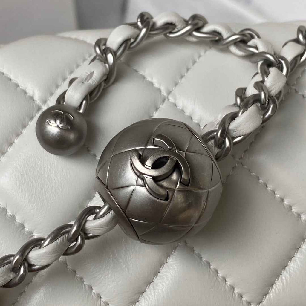 Chanel AS1786 23S Mini Flap Bag Silver Metal Lambskin White