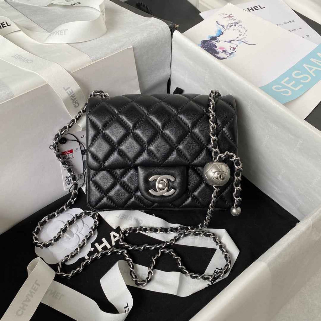 Chanel AS1786 23S Mini Flap Bag Silver Metal Lambskin Black